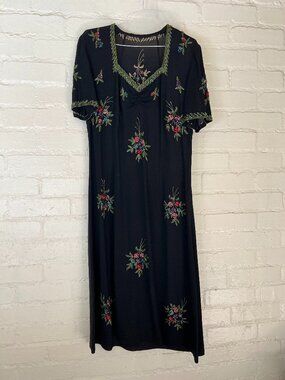 Rare Vintage Couture 1940's Black Floral Glass Bead Black Shift Dress Medium